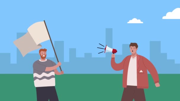 Männer protestieren mit Megafon und Fahne — Stockvideo