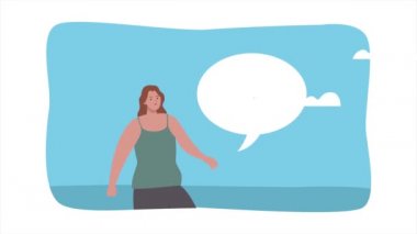 Konuşma balonu olan genç bir kadın.