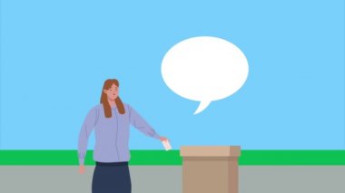 Seçim günü animasyonu. Konuşan ve oy kullanan kadınlar.