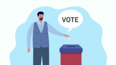 Seçim günü animasyonu. Kutu ve konuşma balonunda oy kullanan bir adam.