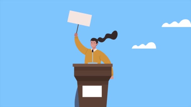 Election day animation with woman lifting banner in speech podium — Stock Video