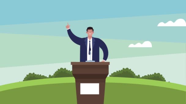 Animación del día de las elecciones con candidato en la escena del podio del discurso — Vídeo de stock