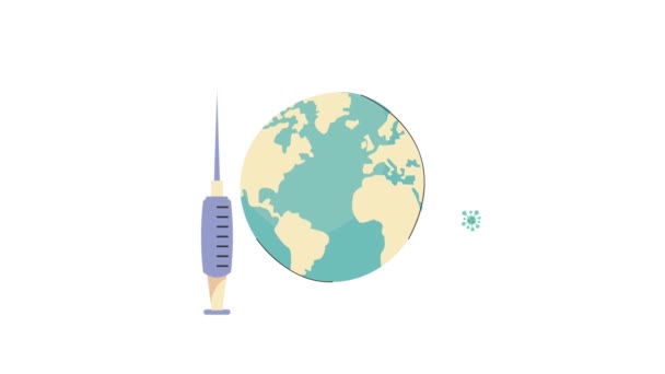 Covid19注射器と地球の惑星とワクチンのアニメーション — ストック動画