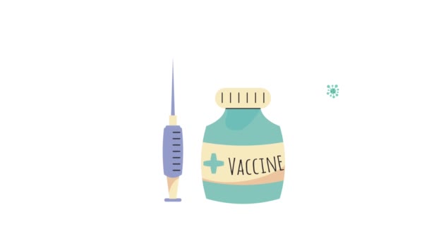Covid19 анимация вакцины с флаконом и инъекцией — стоковое видео