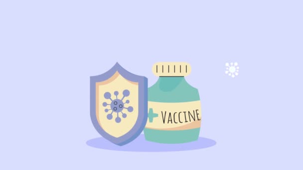 Covid19 animace vakcíny s injekční lahvičkou a štítem — Stock video
