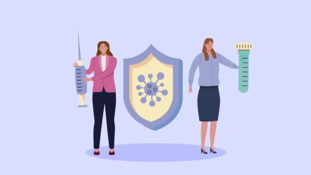 Covid19 Анимация вакцины с женщинами и щитом — стоковое видео
