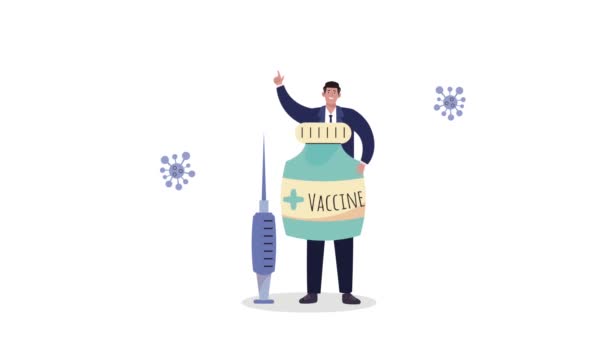 Анімація вакцини covid19 з чоловіком, що піднімає флакон та шприц — стокове відео