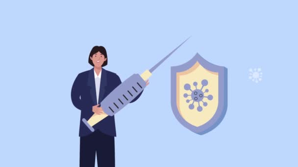 Covid19 Impfstoff-Animation mit Frau, die Spritze und Schild hebt — Stockvideo