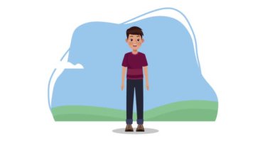 Kamptaki karakter animasyonunda duran genç adam.