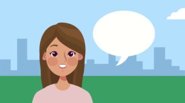 Genç bir kadın şehir animasyonunda konuşuyor.