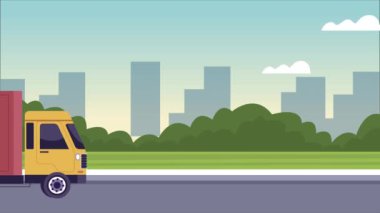 Kentte kamyoneti olan lojistik servis animasyonu