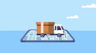 akıllı telefonlu kamyon kutusuyla lojistik servis animasyonu