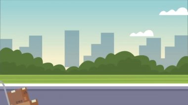 Şehirde işçi ve el arabasıyla lojistik servis animasyonu