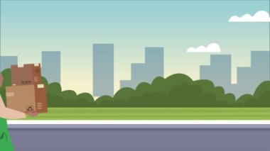 İşçilerin şehirde kutu taşıdığı lojistik servis animasyonu