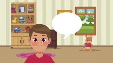 Küçük kız odada oyuncaklarla konuşuyor.