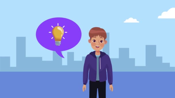 Social media marketing animacja z człowiekiem i żarówki w bańce mowy — Wideo stockowe