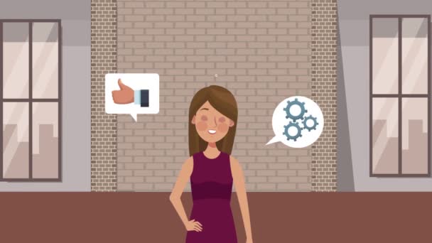 Social media marketing animatie met vrouw en pictogrammen — Stockvideo
