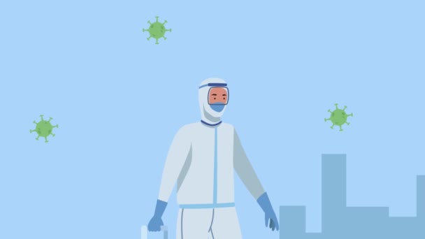 Covid19 pandemic particles with biosafety worker on the city — Stock Video