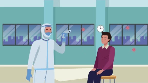 Covid19 partículas con trabajador de riesgo biológico utilizando termómetro y paciente — Vídeo de stock
