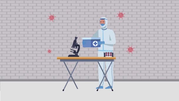 Covid19 partículas con trabajador de riesgo biológico en animación de laboratorio — Vídeos de Stock