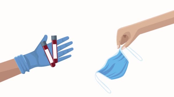 Animação covid19 com mão levantando máscara médica tubos teste — Vídeo de Stock
