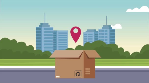 Логістичний сервіс анімація з коробкою на місті — стокове відео