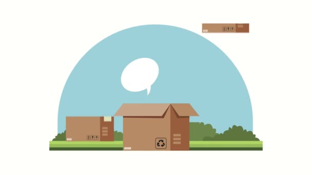 Анимация логистических услуг с коробками и речевым пузырем — стоковое видео