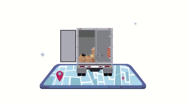 Logistieke service animatie met truck open in smartphone — Stockvideo