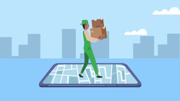 Animacja usług logistycznych z robotnikami podnoszącymi skrzynki w smartfonie — Wideo stockowe