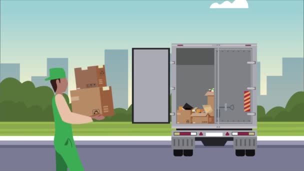 Animación de servicio logístico con cajas de elevación de trabajadores en camión — Vídeo de stock