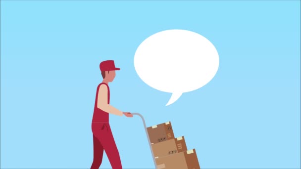 Logistic service animation with worker speaking with cart and boxes — Stock Video