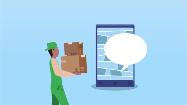 Logistické služby animace s pracovníkem zvedání lepenkových krabic a smartphone — Stock video