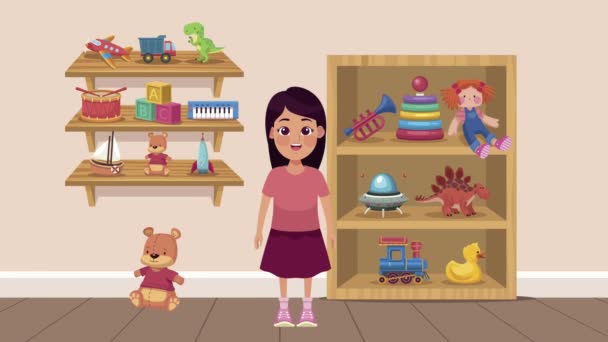 Cute little girl z zabawkami w pokoju — Wideo stockowe