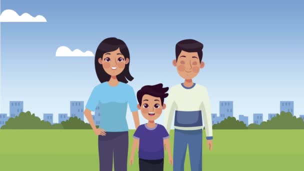 Kleiner Junge mit Eltern-Charakteren — Stockvideo