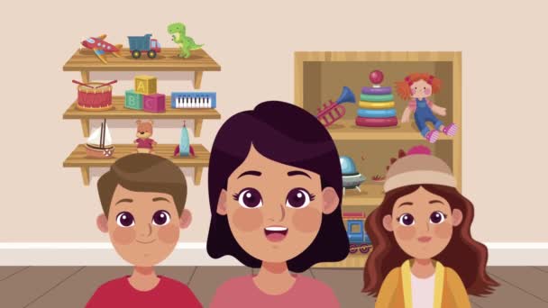 Petites filles et garçon jouer avec des jouets dans la chambre — Video