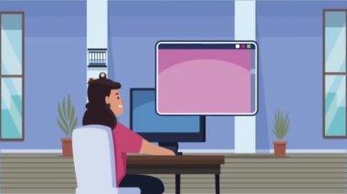 Ofis animasyonunda masaüstüyle iletişim kuran kızlar