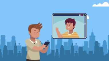 Şehirdeki akıllı telefonla iletişim kuran adamlar.