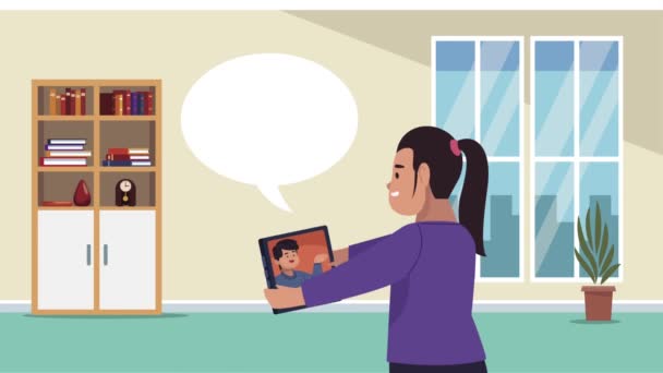 Tablet ve konuşma baloncuğuyla iletişim kuran çift — Stok video