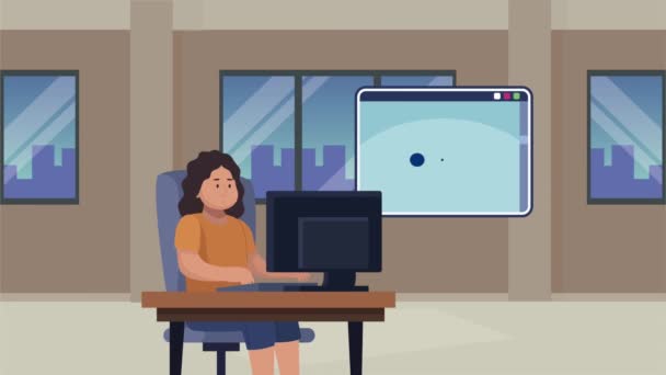 Женщина взаимодействует с анимацией рабочего стола — стоковое видео