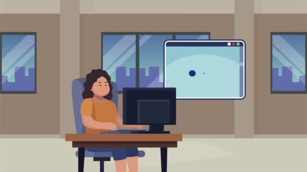 Woman communicating with desktop animation — Stock Video