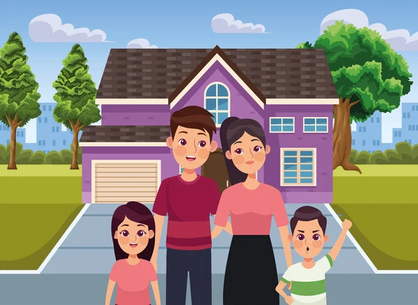 Lila hus och familj — Stock vektor