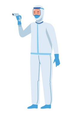 Doctor in protective suit with thermometer