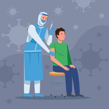 Doctor in protective suit vaccinating boy