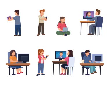 People with device in video chat icon collection