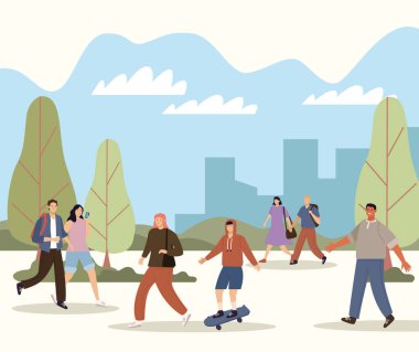 seven pedestrians walking
