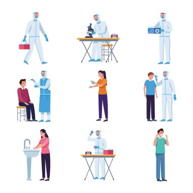 Doctors in protective suit and people set