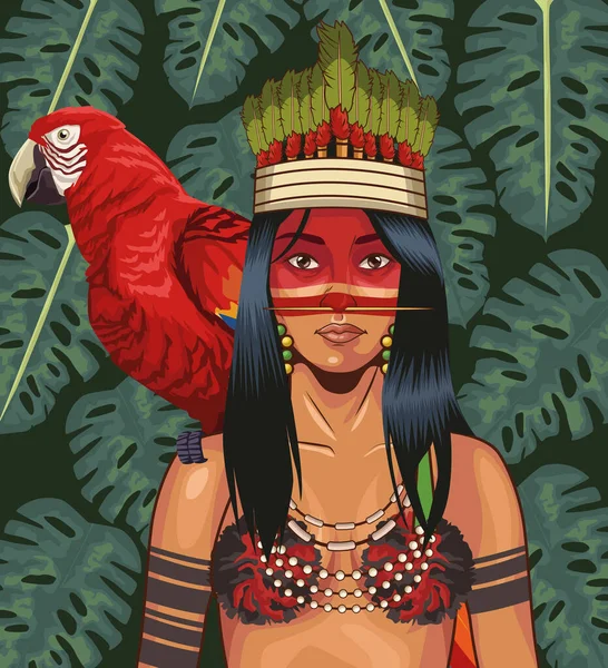 Indigenous woman macaw on shoulder — Image vectorielle