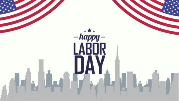 День труда США буквы с городским пейзажем и флагами — стоковое видео
