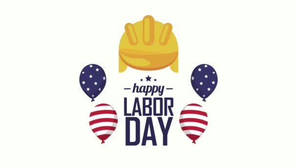День труда США буквы со шлемом и воздушные шары гелия — стоковое видео