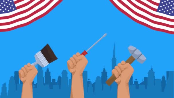 Usa arbetsdag animation med usa flagga och arbetsverktyg — Stockvideo